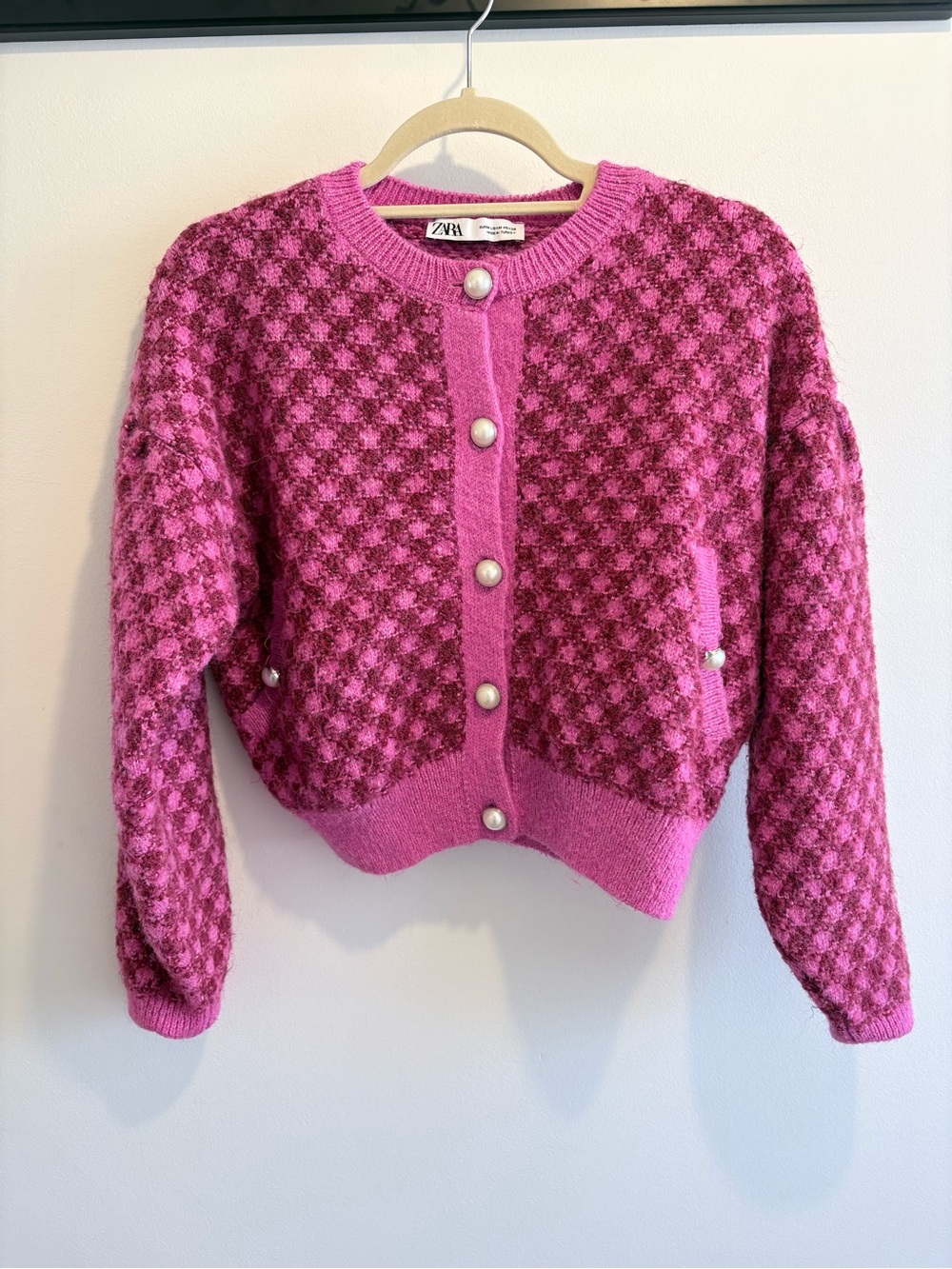 Zara Pink Checked Knit Cardigan Sweater